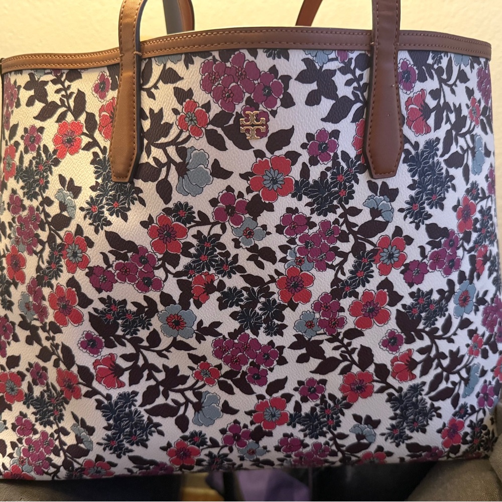 Tory Burch Multicolor Floral Tote with Brown Handles